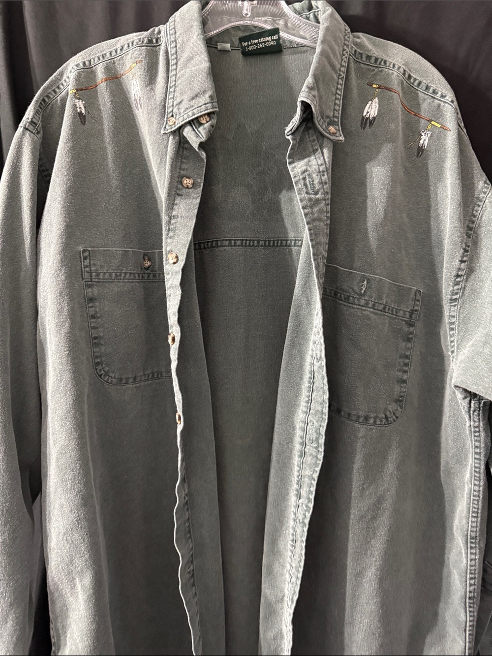 Coldwater Creek Men's Faded Gray Button-Down Shirt with Feather Embroidery